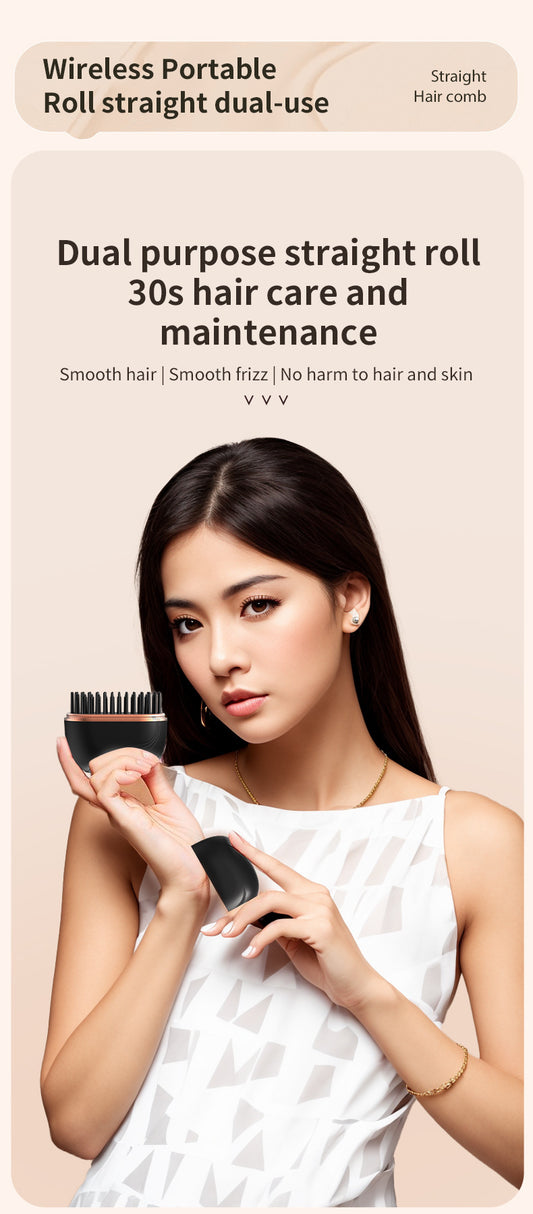 Black Cordless Portable Hair Straightening & Curling Brush - Plant Protein Coating for Hair Protection, 30s V888-ELOSUNG45247