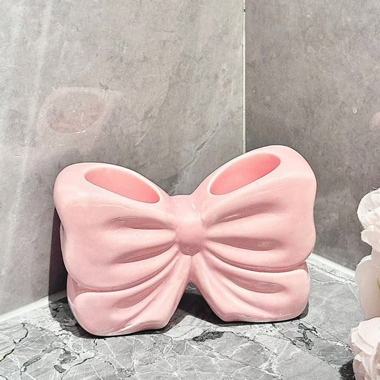 Pink Chic Bowknot 2-Slot Toothbrush Holder - Resin Retro Cute Desktop Decorative Stand V888-ELOSUNG45281