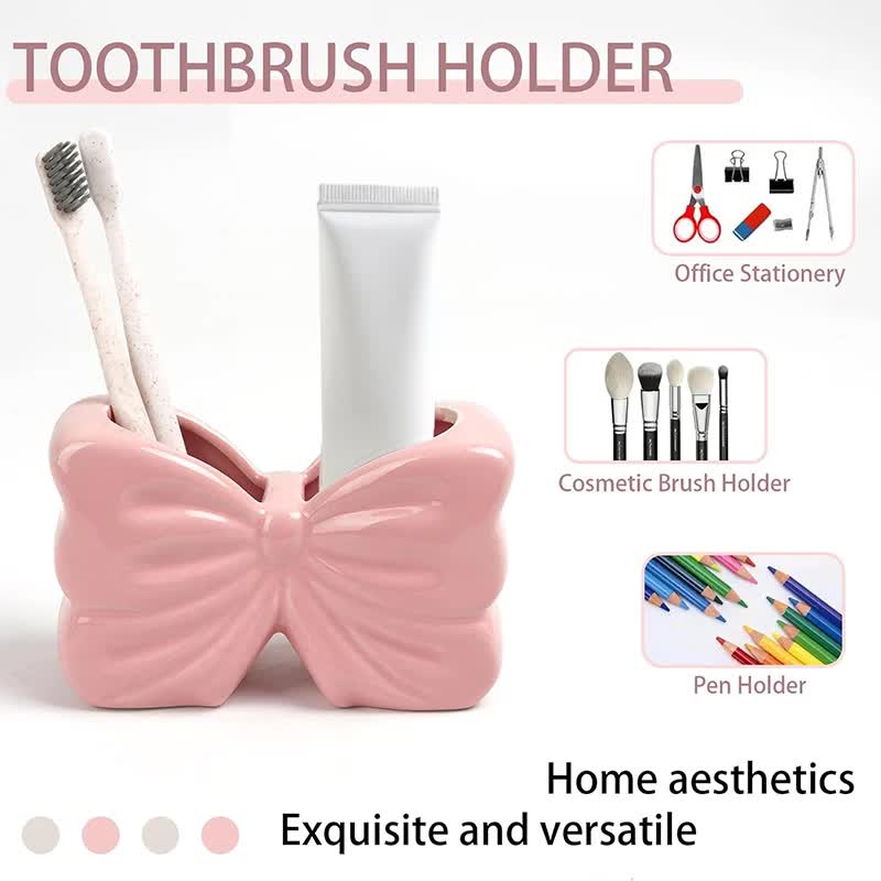 Pink Chic Bowknot 2-Slot Toothbrush Holder - Resin Retro Cute Desktop Decorative Stand V888-ELOSUNG45281