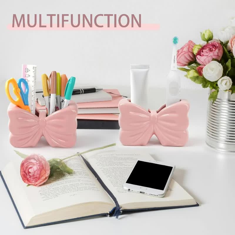 Pink Chic Bowknot 2-Slot Toothbrush Holder - Resin Retro Cute Desktop Decorative Stand V888-ELOSUNG45281