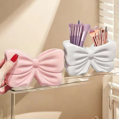 Pink Chic Bowknot 2-Slot Toothbrush Holder - Resin Retro Cute Desktop Decorative Stand V888-ELOSUNG45281
