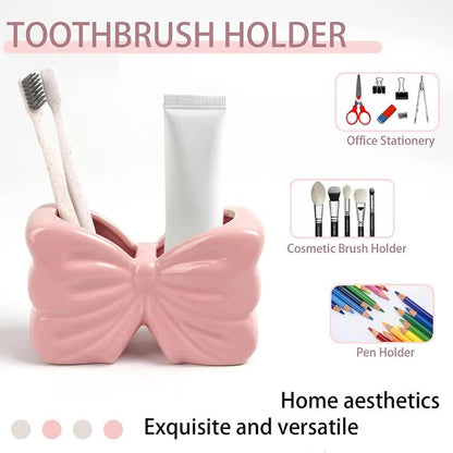 White Chic Bowknot 2-Slot Toothbrush Holder - Resin Retro Cute Desktop Decorative Stand V888-ELOSUNG45282