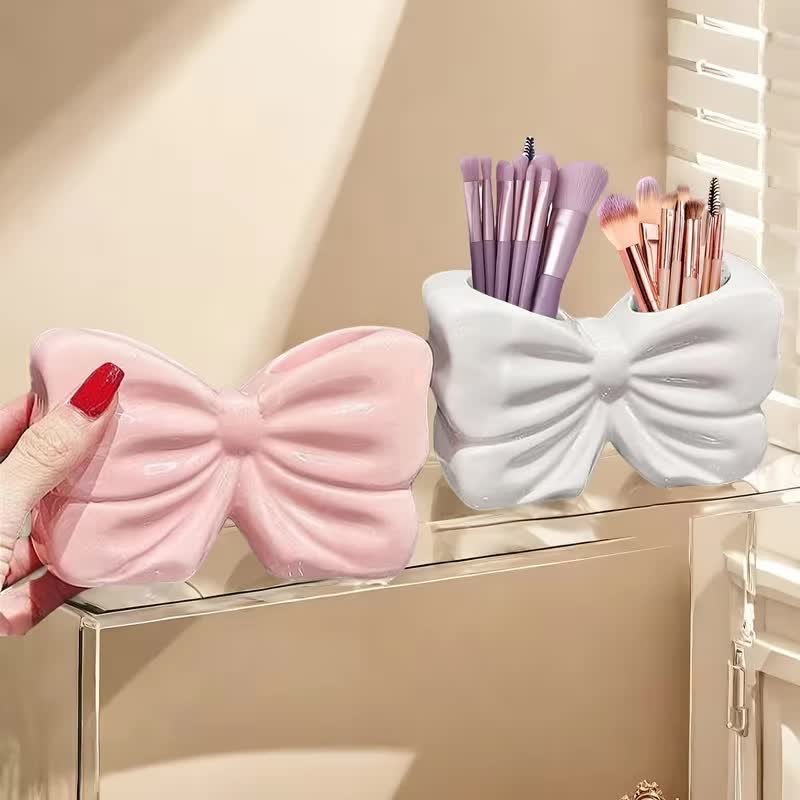 2-Pack Pink & White Chic Bowknot 2-Slot Toothbrush Holder - Resin Retro Cute Desktop Decorative Stand V888-ELOSUNG45283