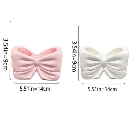 2-Pack Pink & White Chic Bowknot 2-Slot Toothbrush Holder - Resin Retro Cute Desktop Decorative Stand V888-ELOSUNG45283