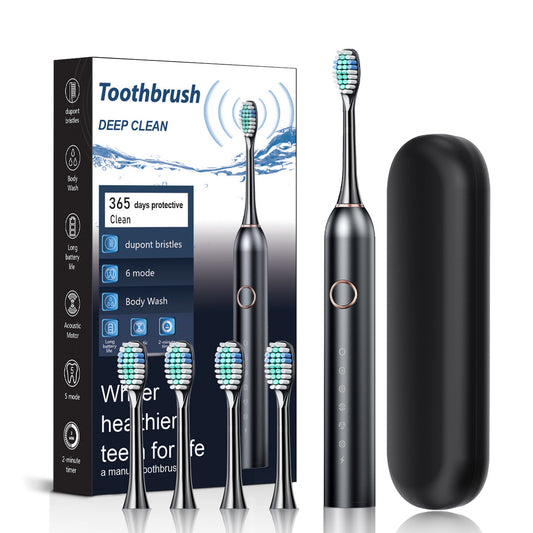 Black Smart Sonic Electric Toothbrush Kit with 4 Heads & Travel Case - 6 X Cleaning Modes and High-Frequency V888-ELOSUNG45295