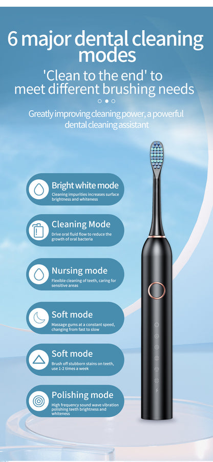 Black Smart Sonic Electric Toothbrush Kit with 4 Heads & Travel Case - 6 X Cleaning Modes and High-Frequency V888-ELOSUNG45295