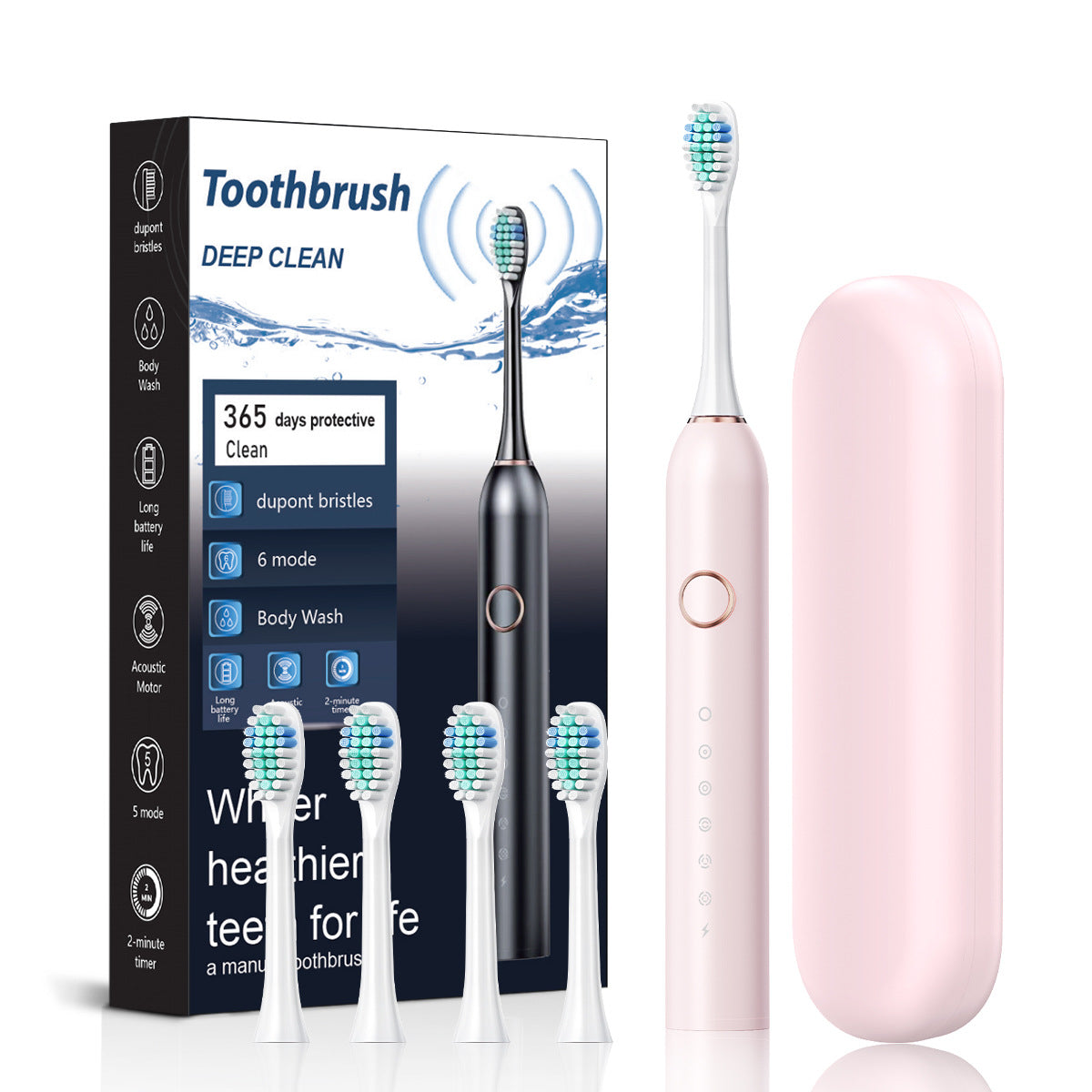 Pink Smart Sonic Electric Toothbrush Kit with 4 Heads & Travel Case - 6 X Cleaning Modes and High-Frequency V888-ELOSUNG45297