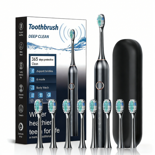 Black Smart Sonic Electric Toothbrush Kit with 8 Heads & Travel Case - 6 X Cleaning Modes and High-Frequency V888-ELOSUNG45298