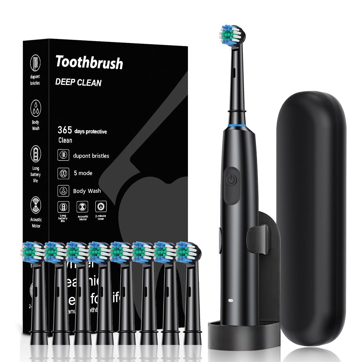 Black Rotating Round Head Electric Toothbrush Kit with 8 Heads, Case & Stand - 3D Oscillating Mechanical V888-ELOSUNG45301