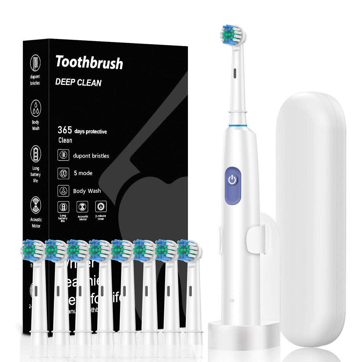 White Rotating Round Head Electric Toothbrush Kit with 8 Heads, Case & Stand - 3D Oscillating Mechanical V888-ELOSUNG45302