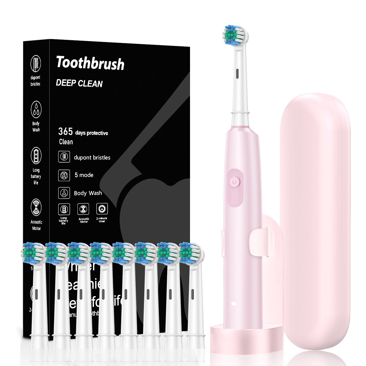 Pink Rotating Round Head Electric Toothbrush Kit with 8 Heads, Case & Stand - 3D Oscillating Mechanical V888-ELOSUNG45303