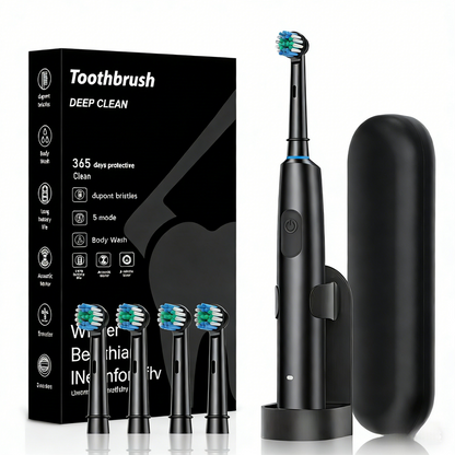 Black Rotating Round Head Electric Toothbrush Kit with 4 Heads, Case & Stand - 3D Oscillating Mechanical V888-ELOSUNG45304