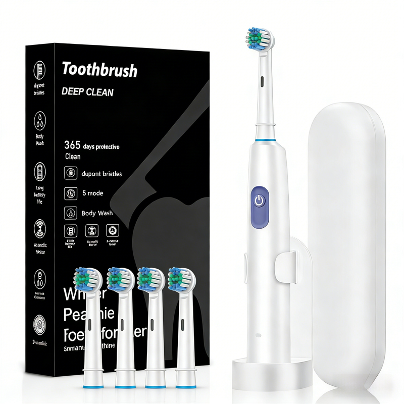 White Rotating Round Head Electric Toothbrush Kit with 4 Heads, Case & Stand - 3D Oscillating Mechanical V888-ELOSUNG45305