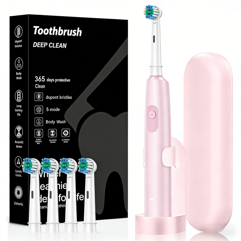 Pink Rotating Round Head Electric Toothbrush Kit with 4 Heads, Case & Stand - 3D Oscillating Mechanical V888-ELOSUNG45306