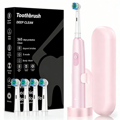 Pink Rotating Round Head Electric Toothbrush Kit with 4 Heads, Case & Stand - 3D Oscillating Mechanical V888-ELOSUNG45306