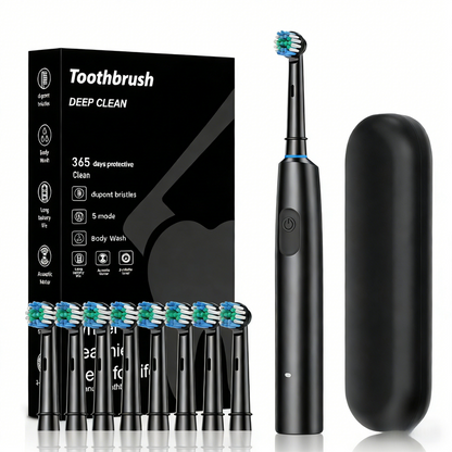 Black Rotating Round Head Electric Toothbrush Kit with 8 Heads & Case - 3D Oscillating Mechanical Cleaning V888-ELOSUNG45311