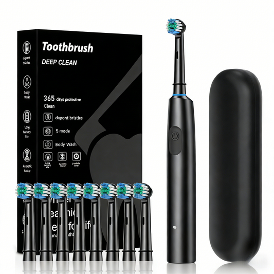 Black Rotating Round Head Electric Toothbrush Kit with 8 Heads & Case - 3D Oscillating Mechanical Cleaning V888-ELOSUNG45311