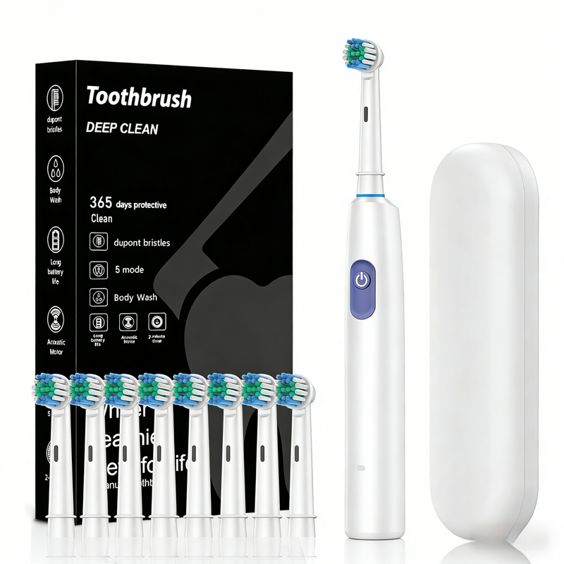 White Rotating Round Head Electric Toothbrush Kit with 8 Heads & Case - 3D Oscillating Mechanical Cleaning V888-ELOSUNG45312