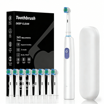 White Rotating Round Head Electric Toothbrush Kit with 8 Heads & Case - 3D Oscillating Mechanical Cleaning V888-ELOSUNG45312