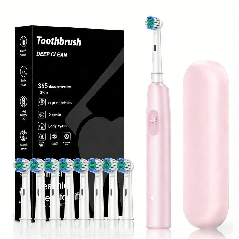 Pink Rotating Round Head Electric Toothbrush Kit with 8 Heads & Case - 3D Oscillating Mechanical Cleaning for V888-ELOSUNG45313