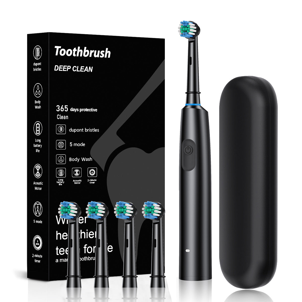 Black Rotating Round Head Electric Toothbrush Kit with 4 Heads & Case - 3D Oscillating Mechanical Cleaning V888-ELOSUNG45314