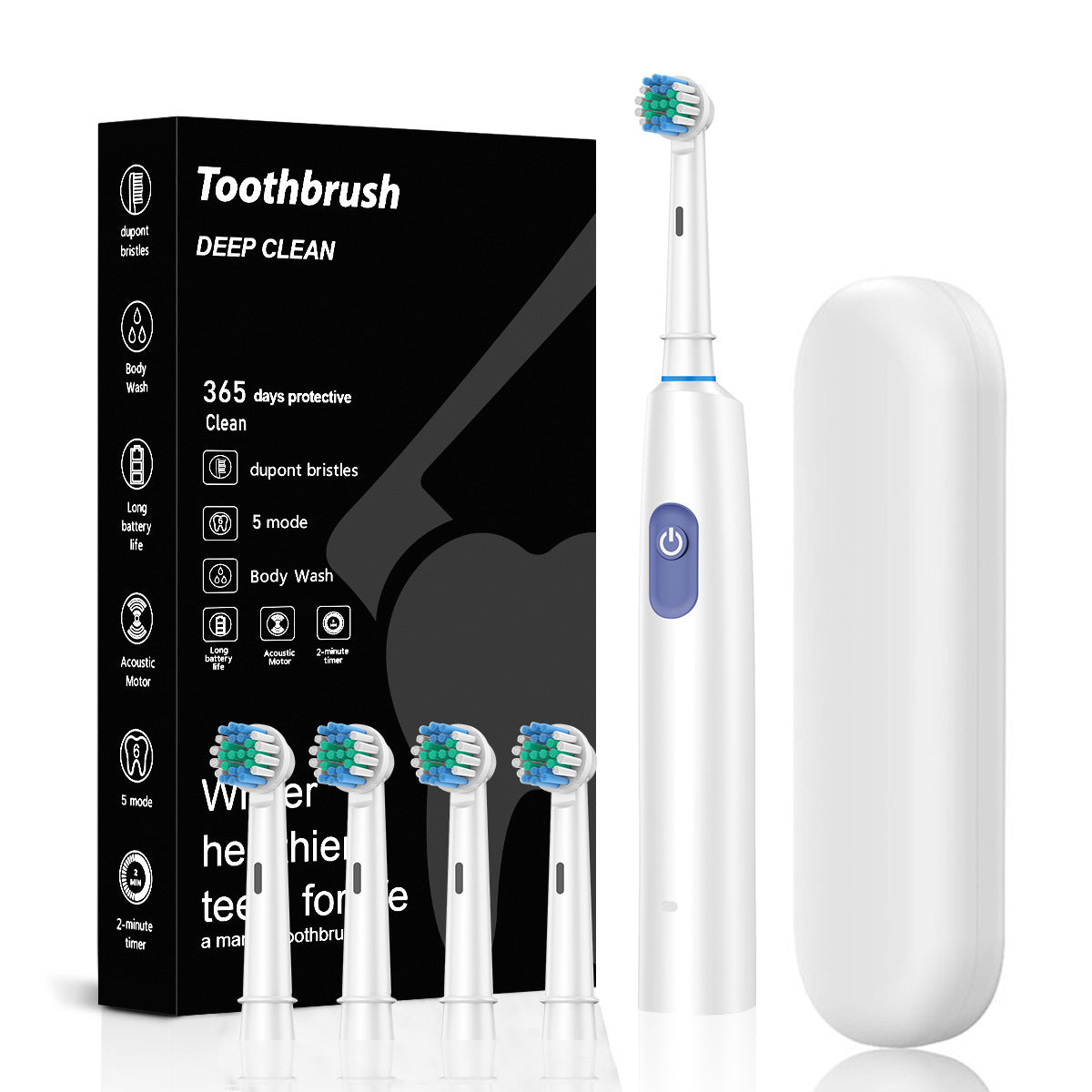 White Rotating Round Head Electric Toothbrush Kit with 4 Heads & Case - 3D Oscillating Mechanical Cleaning V888-ELOSUNG45315