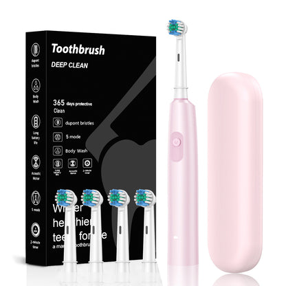 Pink Rotating Round Head Electric Toothbrush Kit with 4 Heads & Case - 3D Oscillating Mechanical Cleaning for V888-ELOSUNG45316