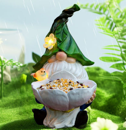 Solar Powered Garden Gnome Bird Feeder with Dual LED Lights - Automatic Night Illumination, Weather-Resistant V888-ELOSUNG45324