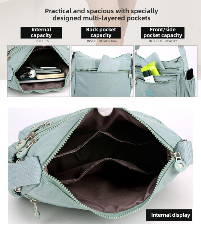 Grey Versatile Nylon Multi-Pocket Crossbody Bag - Lightweight Casual Travel Purse, Waterproof Horizontal V888-ELOSUNG45329