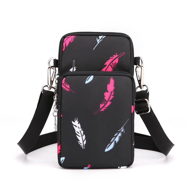 Black Feather 3-Layer Waterproof Nylon Vertical Crossbody Phone Bag - Lightweight Phone Purse with Headphone V888-ELOSUNG45336