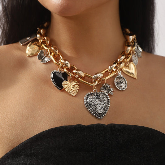 European and American Statement Exaggerated Heart & Floral Rhinestone Necklace - Adjustable Retro Chunky V888-ELOSUNG45357