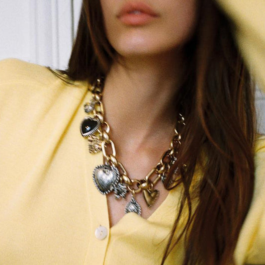 European and American Statement Exaggerated Heart & Floral Rhinestone Necklace - Adjustable Retro Chunky V888-ELOSUNG45357