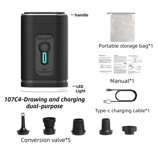 Black Wireless Rechargeable Vacuum Pump with 5 Versatile Nozzles and LED - 2-in-1 Compact High-Suction V888-ELOSUNG45363