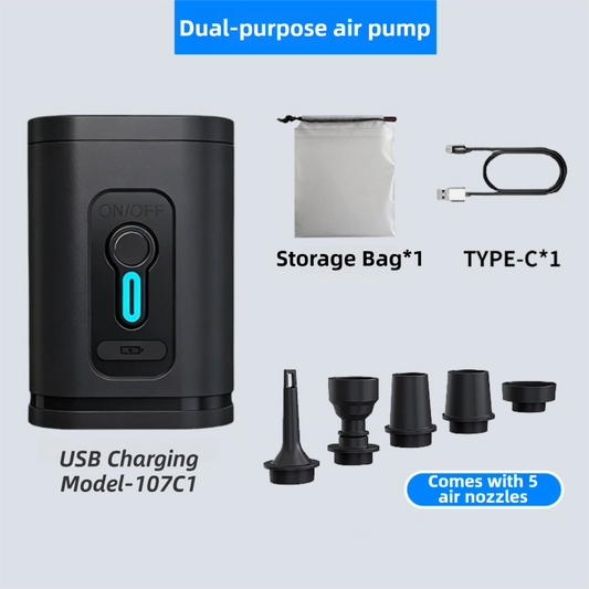 Black Wireless Rechargeable Vacuum Pump with 5 Versatile Nozzles - 2-in-1 Compact High-Suction Inflator & V888-ELOSUNG45364