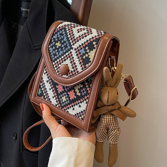 Black Boho-Chic PU Leather Crossbody Phone Purse with Cute Rabbit Pendant - Stylish Multi-Functional Compact V888-ELOSUNG45382