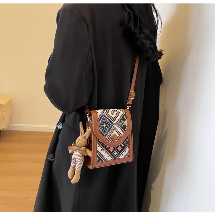 Black Boho-Chic PU Leather Crossbody Phone Purse with Cute Rabbit Pendant - Stylish Multi-Functional Compact V888-ELOSUNG45382