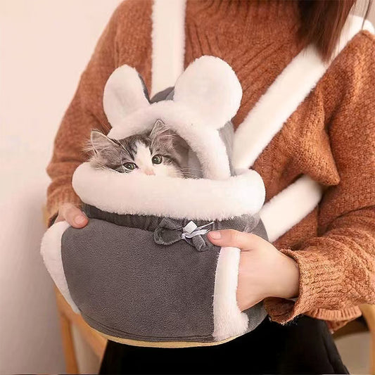 Grey 2-in-1 Ultra-Soft Plush Pet Carrier & Mobile Bed - Portable & Lightweight Cute Rabbit Ear Design Travel V888-ELOSUNG45393