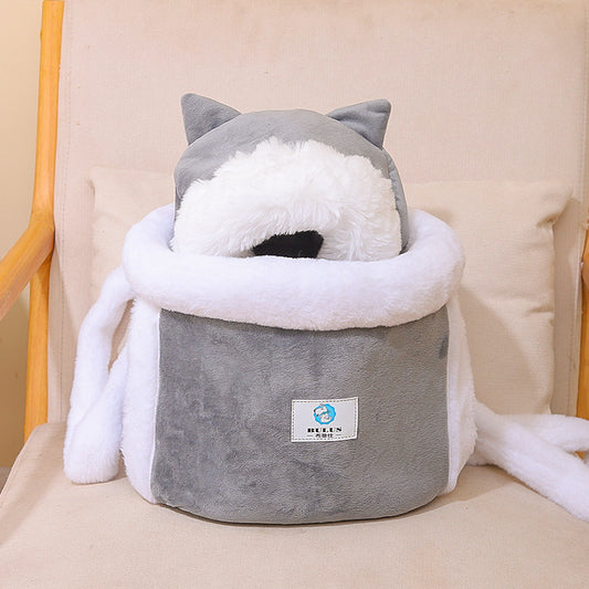 Grey 2-in-1 Ultra-Soft Plush Pet Carrier & Mobile Bed - Portable & Lightweight Cute Cat Ear Design Travel V888-ELOSUNG45395