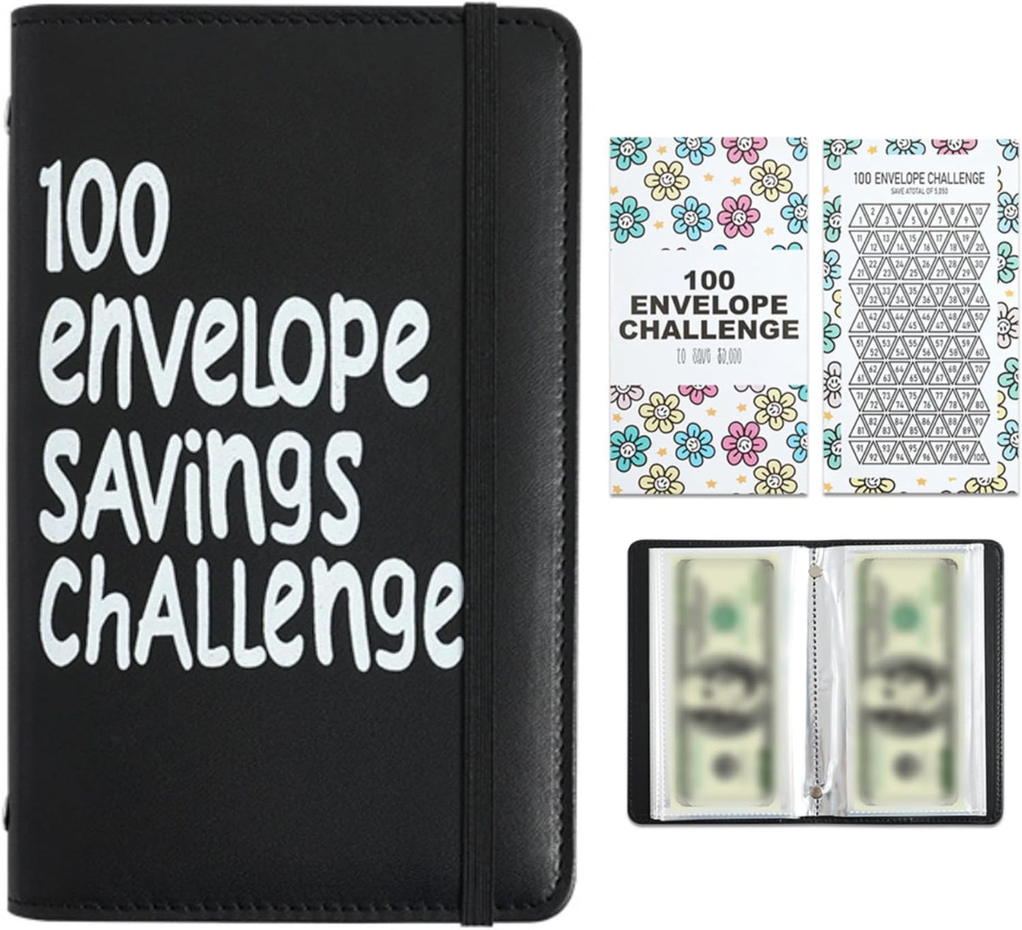 Black 100 Days Envelope Savings Challenge with 50 Clear Double-Sided Pages - Portable A6 Size for Budgeting & V888-ELOSUNG45403