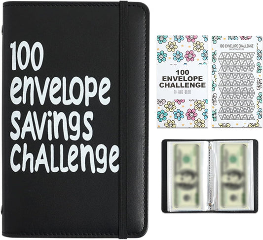 Black 100 Days Envelope Savings Challenge with 50 Clear Double-Sided Pages - Portable A6 Size for Budgeting & V888-ELOSUNG45403
