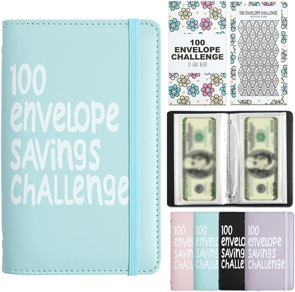 Blue 100 Days Envelope Savings Challenge with 50 Clear Double-Sided Pages - Portable A6 Size for Budgeting & V888-ELOSUNG45405
