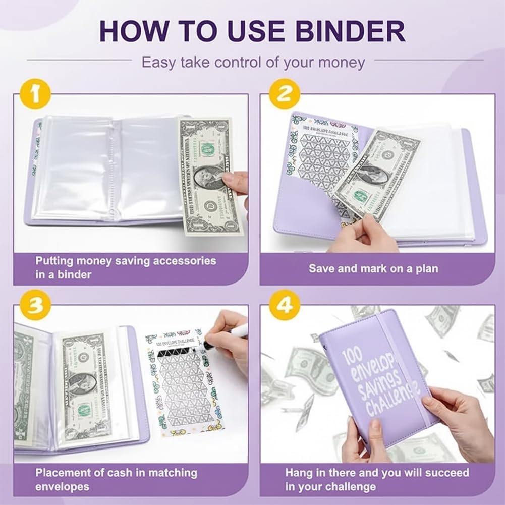 Pink 100 Days Envelope Savings Challenge with 50 Clear Double-Sided Pages - Portable A6 Size for Budgeting & V888-ELOSUNG45406