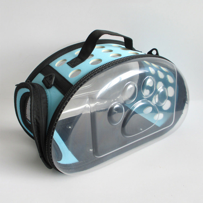 Blue Foldable Breathable Pet Carrier with Panoramic Window & Strap - EVA & Lychee Leather Crossbody Travel V888-ELOSUNG45409