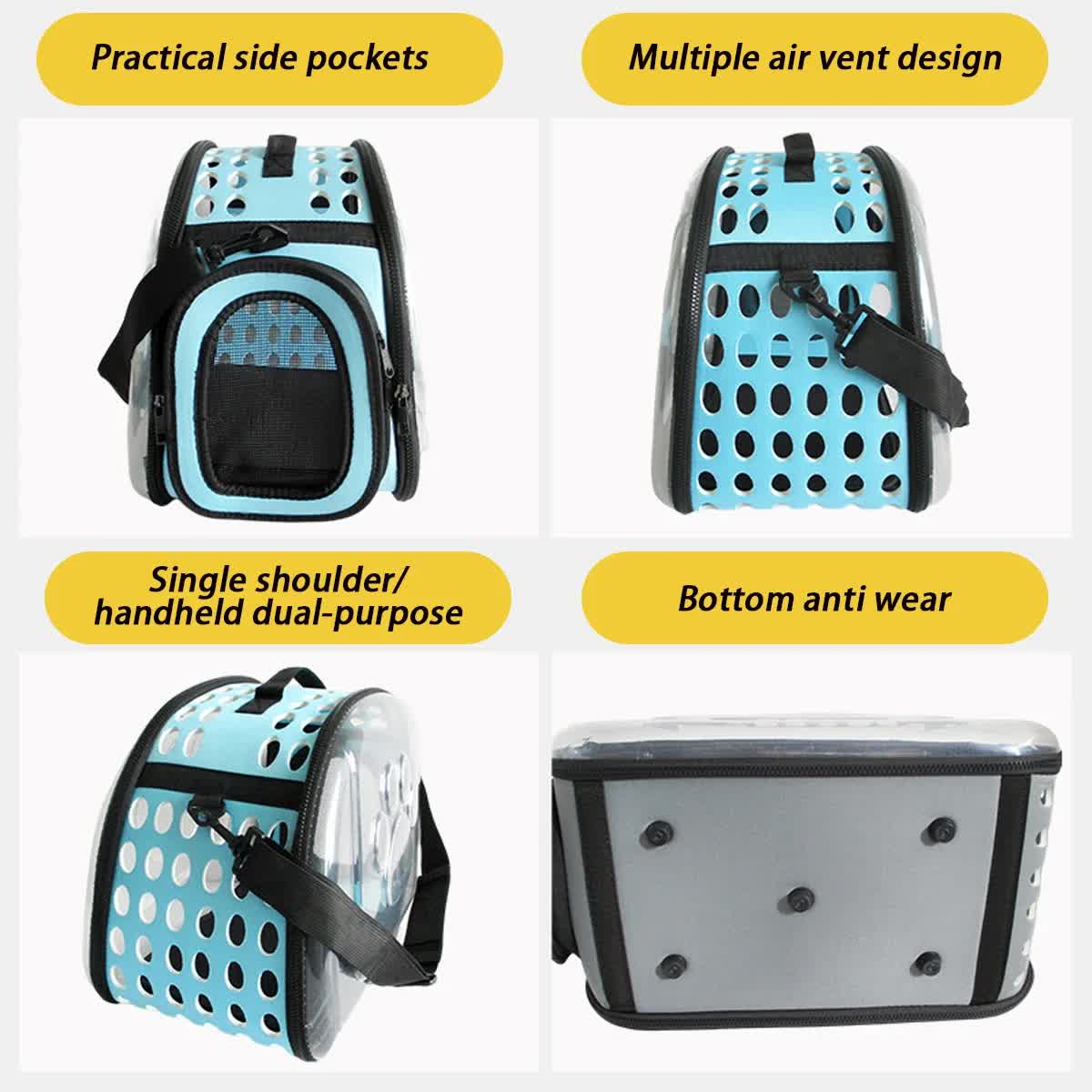 Blue Foldable Breathable Pet Carrier with Panoramic Window & Strap - EVA & Lychee Leather Crossbody Travel V888-ELOSUNG45409