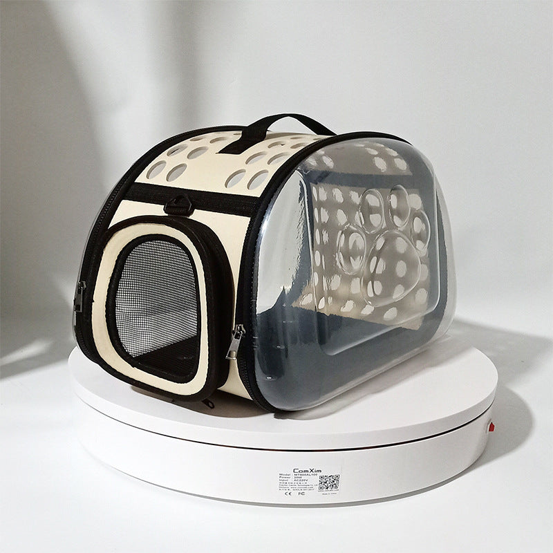 Beige Foldable Breathable Pet Carrier with Panoramic Window & Strap - EVA & Lychee Leather Crossbody Travel V888-ELOSUNG45415