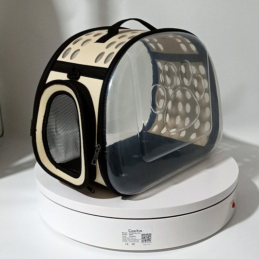 Beige Foldable Breathable Pet Carrier with Panoramic Window & Strap - EVA & Lychee Leather Crossbody Travel V888-ELOSUNG45416