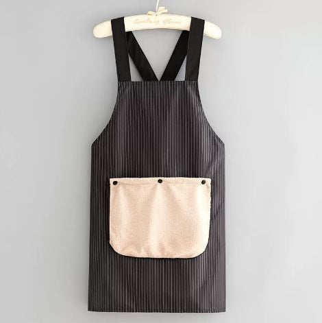 Black Waterproof & Oil-Proof Cross-Back Kitchen Apron with No-Tie Slip-On Design and Detachable Hand Towels V888-ELOSUNG45420