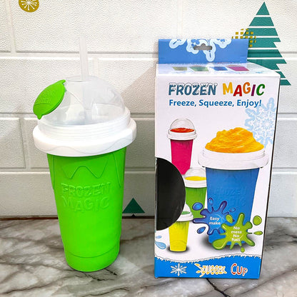 Green Instant DIY Slushie Squeeze Maker Cup - Food-Grade Silicone Double-Layer Cooling Smoothie Cup with V888-ELOSUNG45434