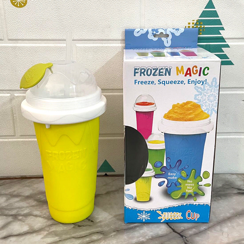 Yellow Instant DIY Slushie Squeeze Maker Cup - Food-Grade Silicone Double-Layer Cooling Smoothie Cup with V888-ELOSUNG45435