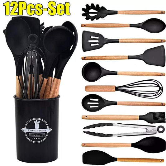 12-Piece Black Heat-Resistant Silicone Cooking Utensils with Wooden Handles and Box - Non-Stick Scratch-Free V888-ELOSUNG45463